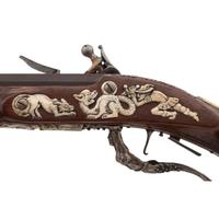 Contemporary Flintlock Jaeger Rifle with Actaeon and Hunting Motifs by John B. Derrick (American, b.1936)