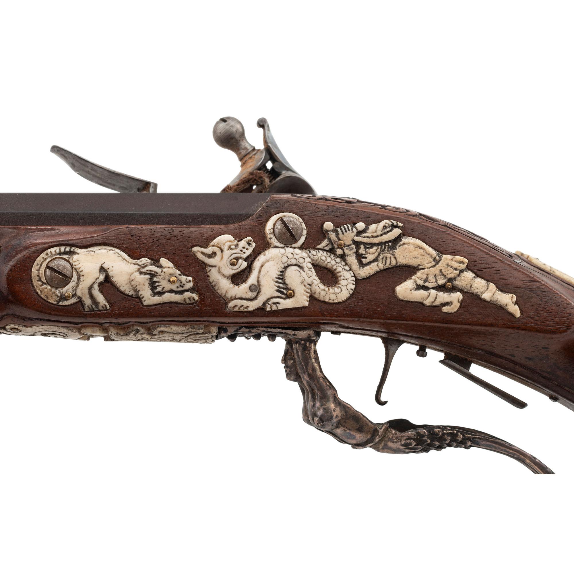 Contemporary Flintlock Jaeger Rifle with Actaeon and Hunting Motifs by John B. Derrick (American, b.1936)