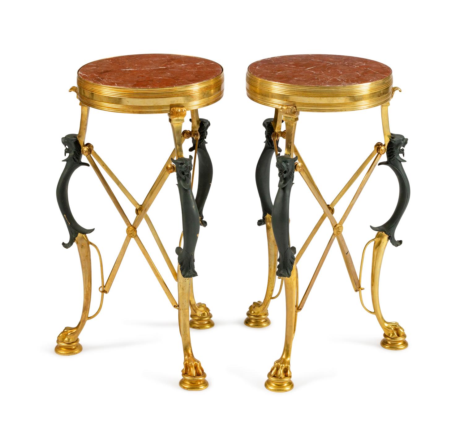 A Pair of Neoclassical Style Parcel-Gilt and Patinated Bronze Guéridons