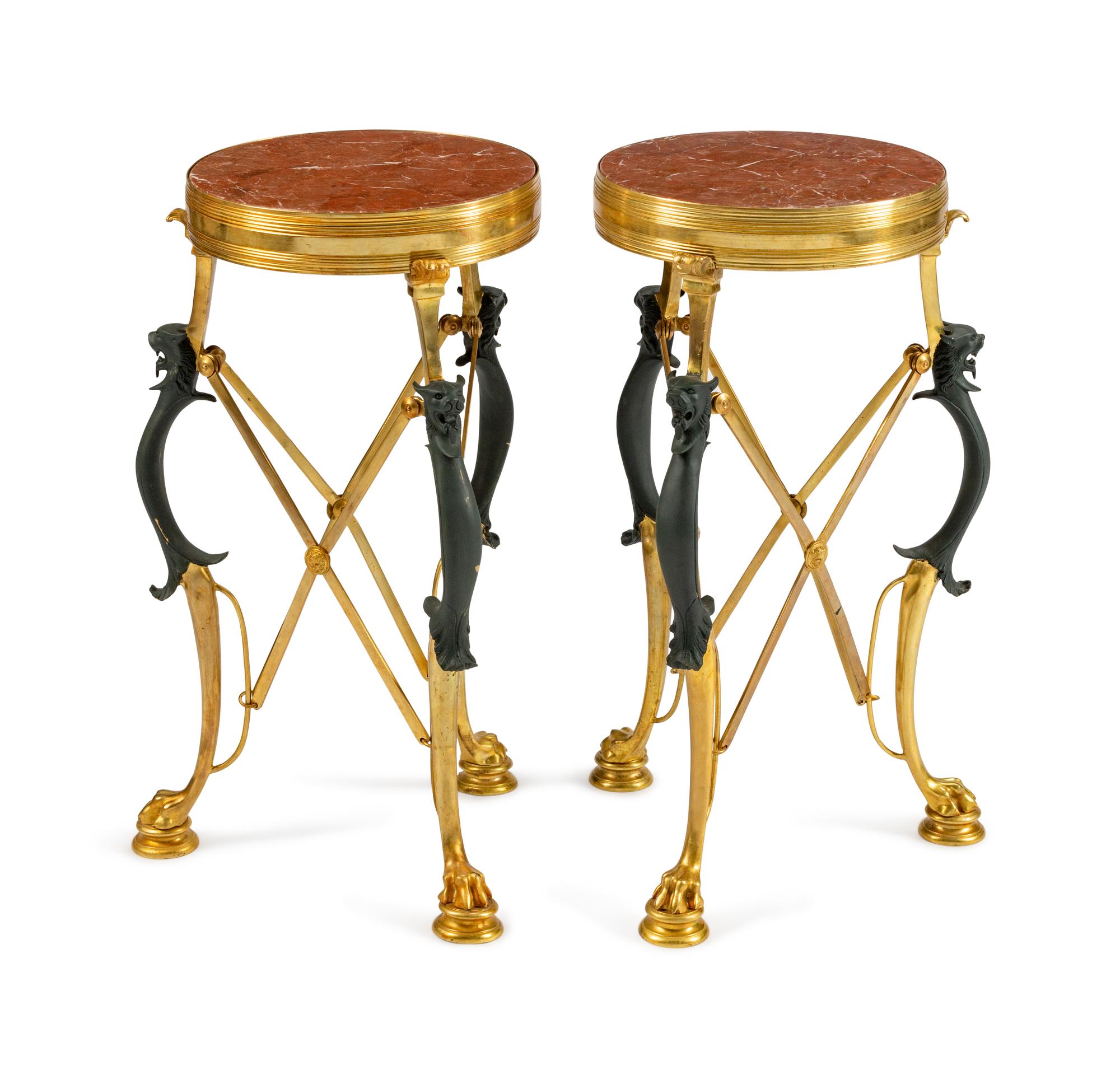 A Pair of Neoclassical Style Parcel-Gilt and Patinated Bronze Guéridons
