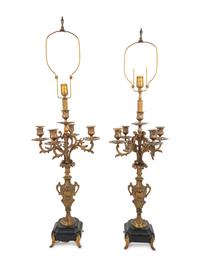 A Pair of French Gilt Metal Five-Light Candelabra Mounted as Lamps