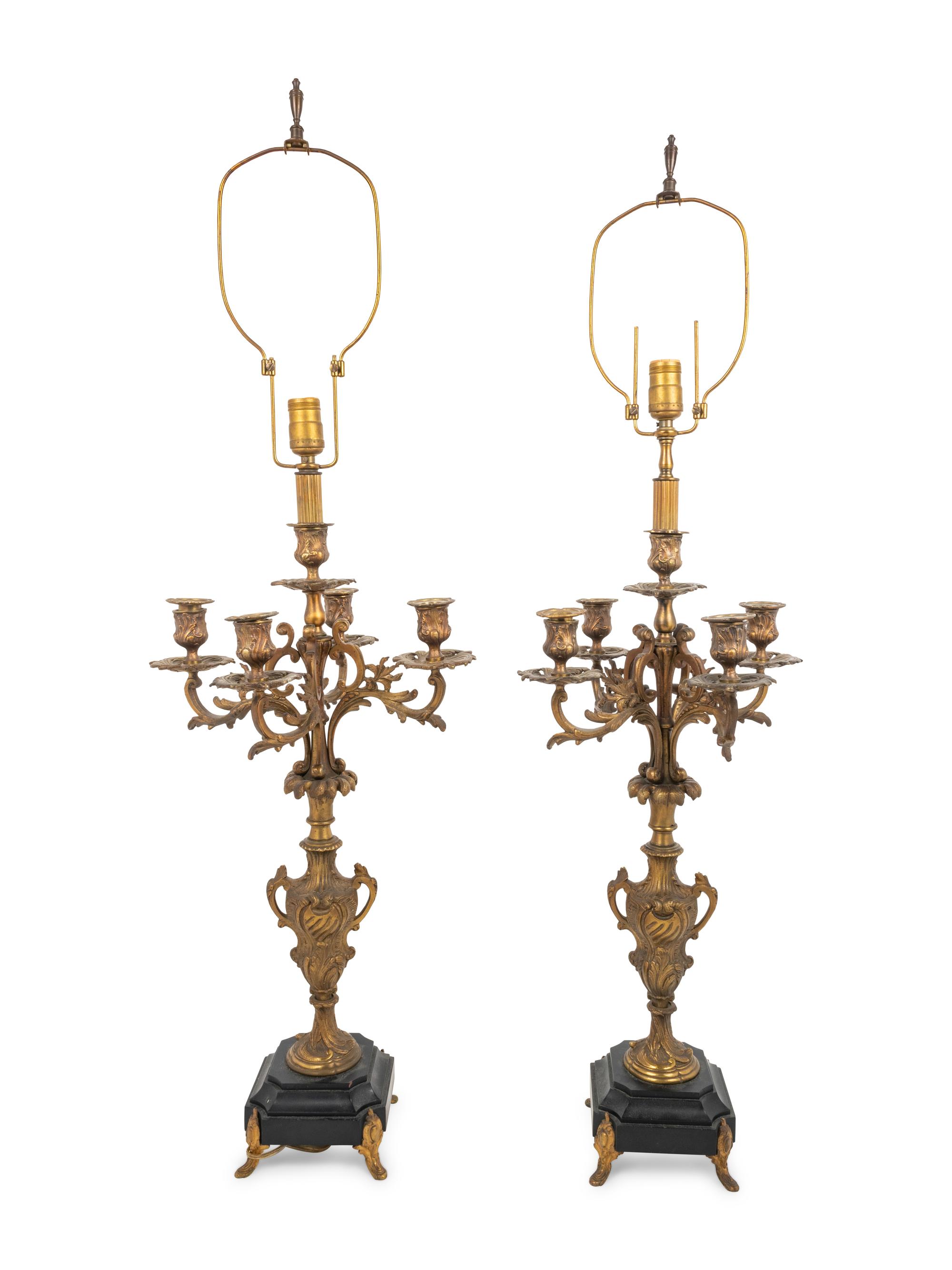 A Pair of French Gilt Metal Five-Light Candelabra Mounted as Lamps