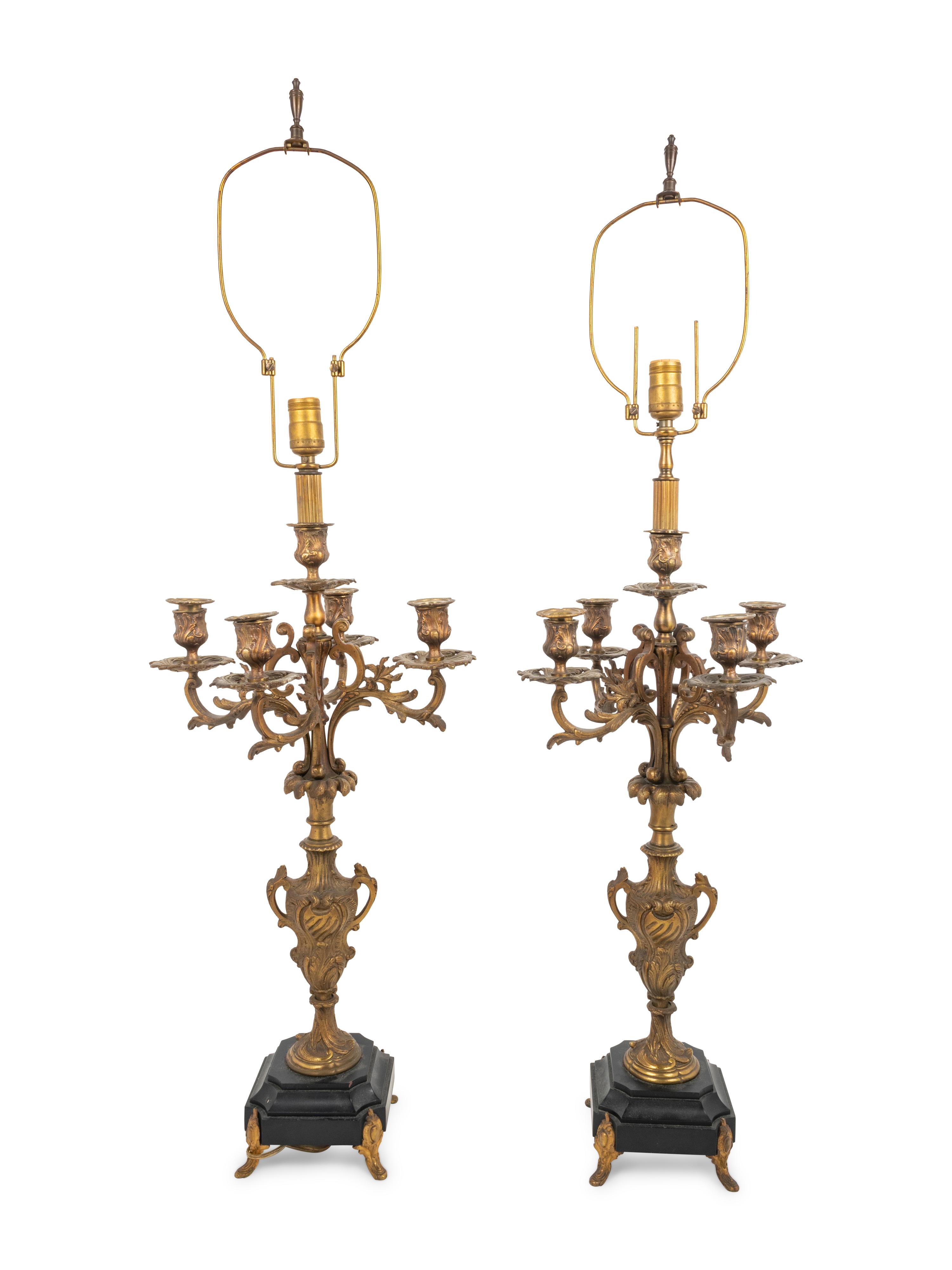 A Pair of French Gilt Metal Five-Light Candelabra Mounted as Lamps