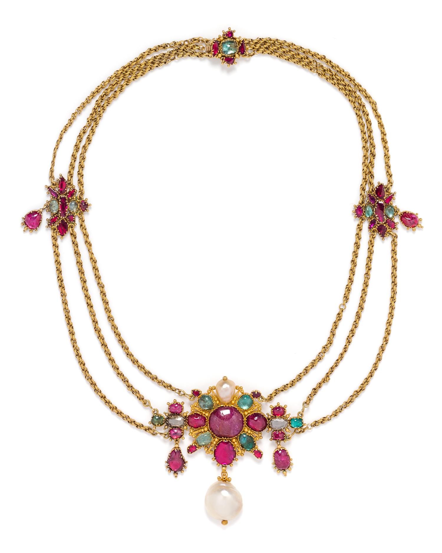 A Yellow Gold, Natural Pearl, and Multigem Necklace, 19th Century,