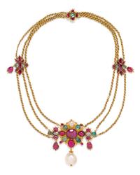 A Yellow Gold, Natural Pearl, and Multigem Necklace, 19th Century,