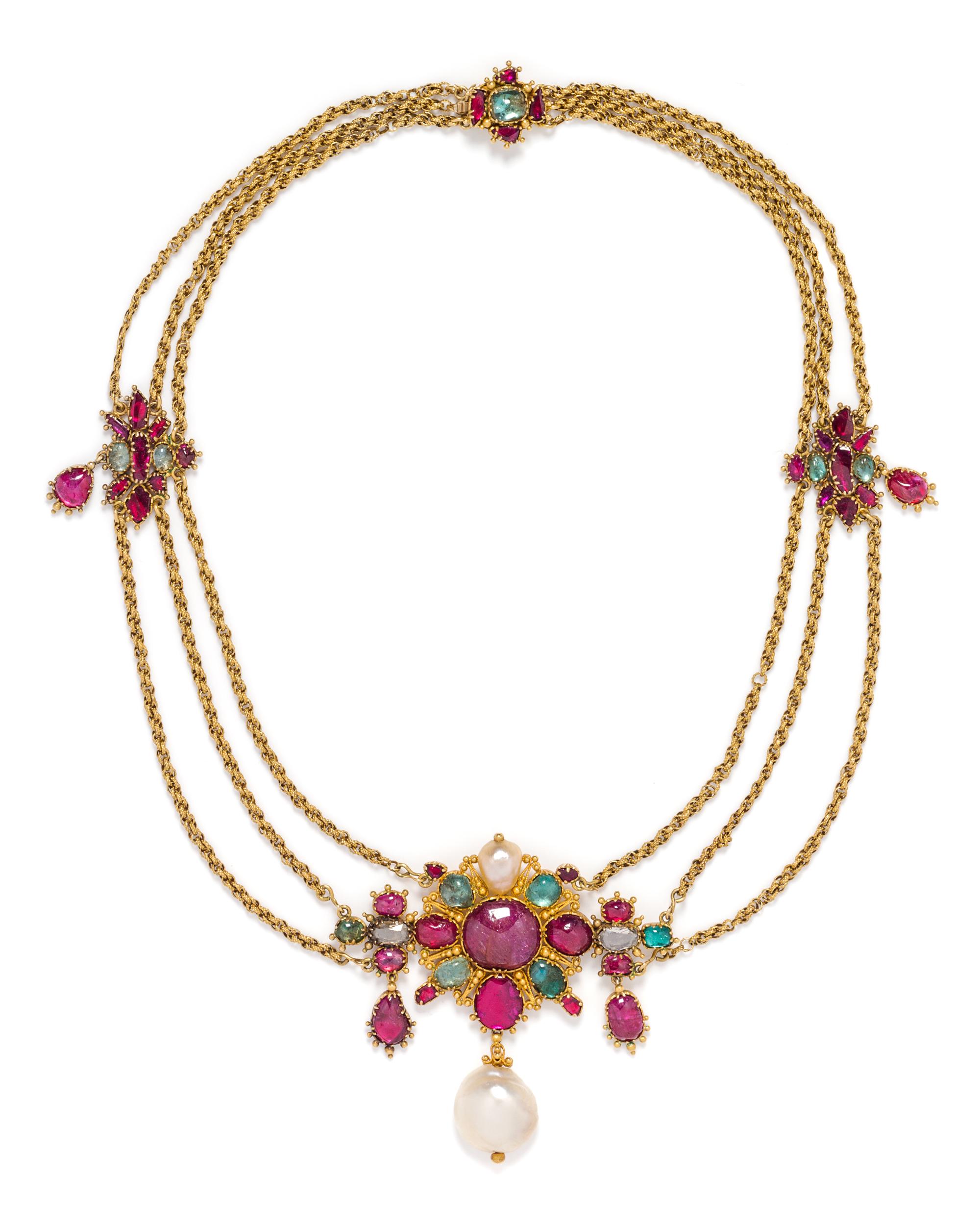 A Yellow Gold, Natural Pearl, and Multigem Necklace, 19th Century,