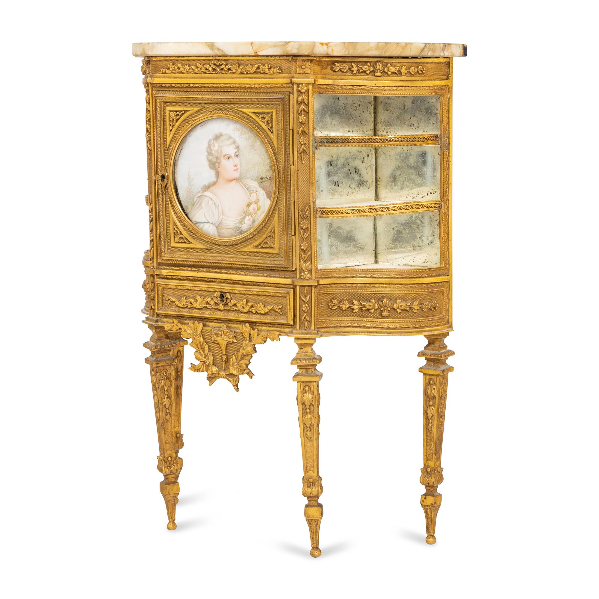 A Miniature Louis XVI Style Gilt Bronze Marble-Top Cabinet