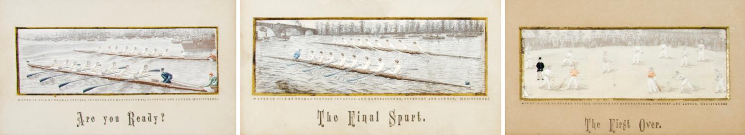 A Group of Three Woven Silk Stevengraphs Pertaining to Sports, Height 2 x width 6 inches of first.