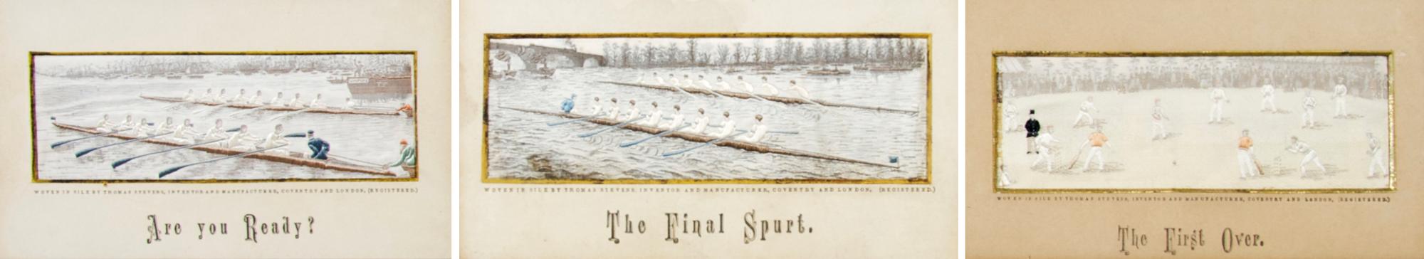 A Group of Three Woven Silk Stevengraphs Pertaining to Sports, Height 2 x width 6 inches of first.