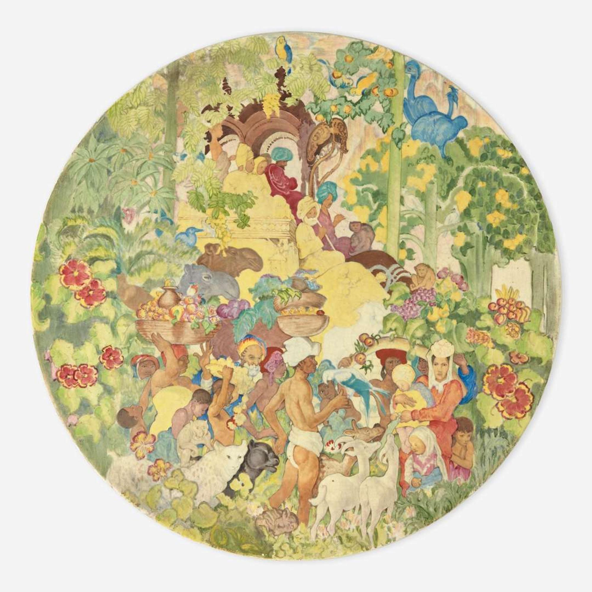 A Staffordshire enameled round wall plaque Painted by Clarice Cliff (English, 1899-1972), Arthur J. Wilkinson, Royal Staffordshire Pottery, England, circa 1935