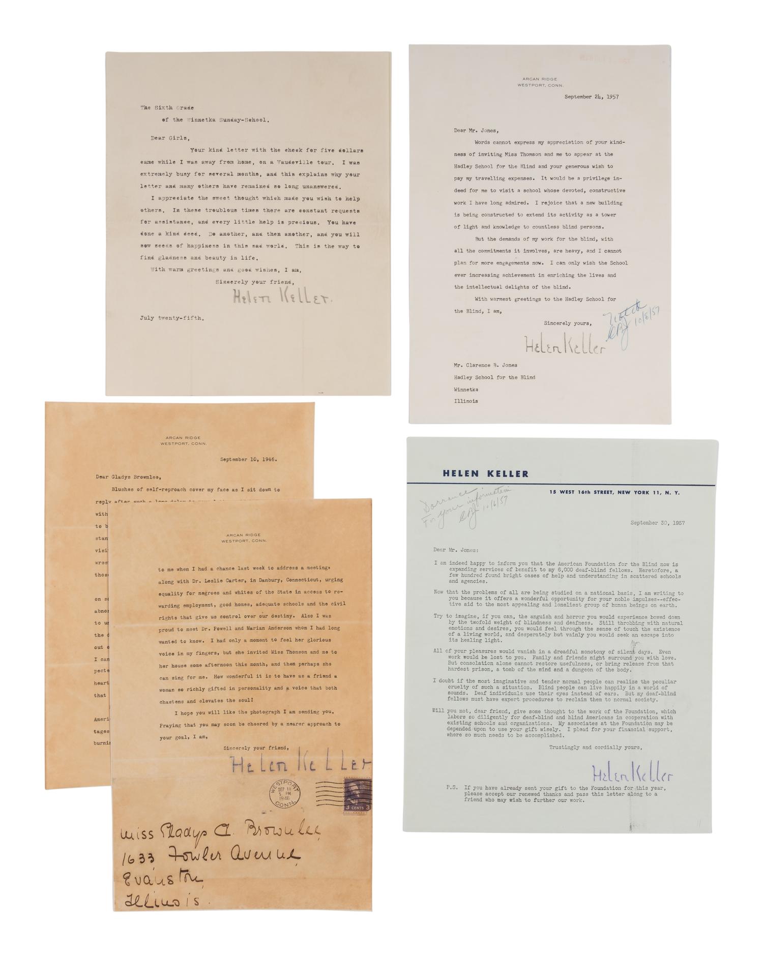 KELLER, Helen Adams (1880-1968). A group of 6 items related to Keller’s work later in life, comprising: