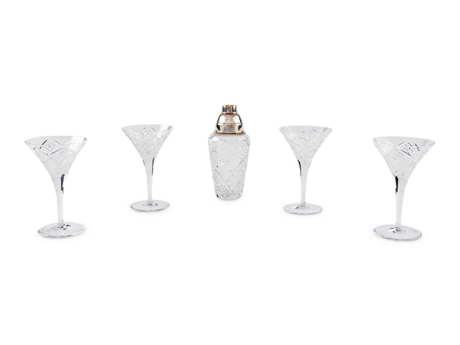 A Fabergé Cut Glass and Silver-Plate Mounted Cocktail Shaker and Four Glasses