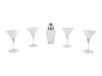 A Fabergé Cut Glass and Silver-Plate Mounted Cocktail Shaker and Four Glasses