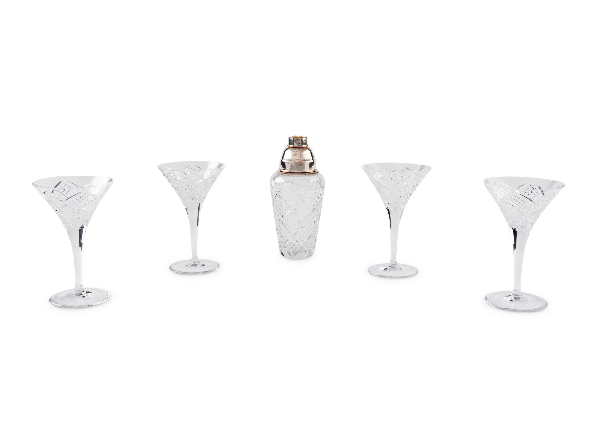 A Fabergé Cut Glass and Silver-Plate Mounted Cocktail Shaker and Four Glasses
