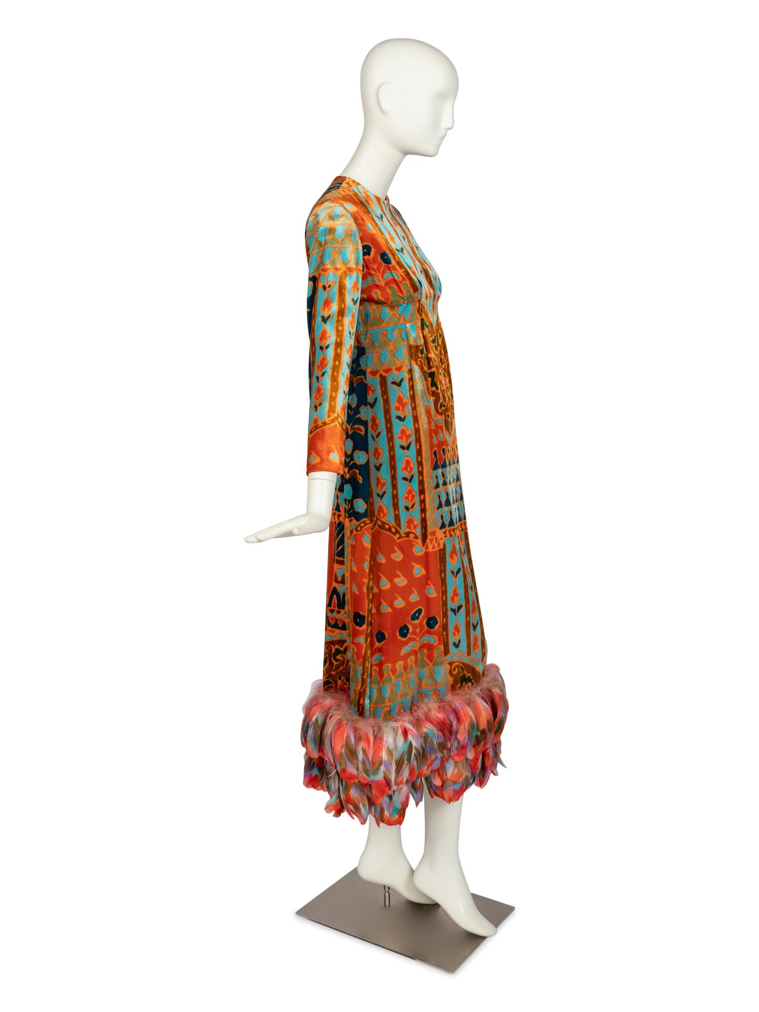 Bill Blass Printed Velvet Gown with Feather Hem, c. 1972