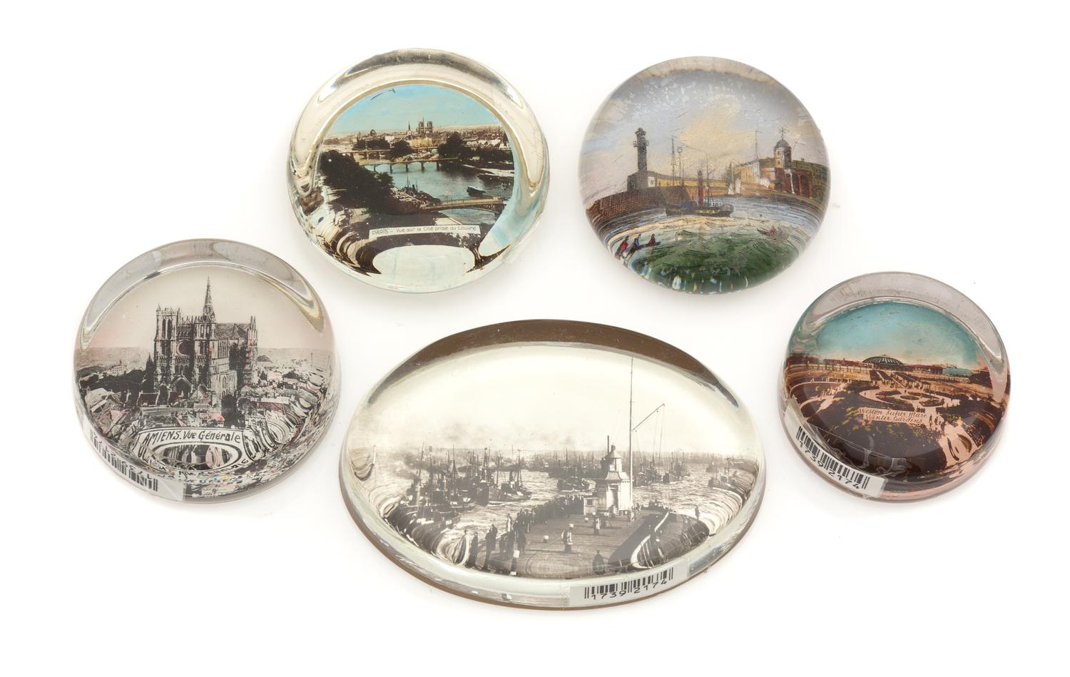 Five Various Paper-backed Photo Paperweights Diameter of largest 4 inches — 19TH AND 20TH CENTURY
