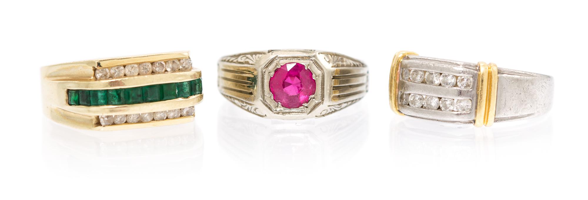 A Collection of Platinum, Gold, Diamond, Emerald and Synthetic Ruby Rings, 16.50 dwts.