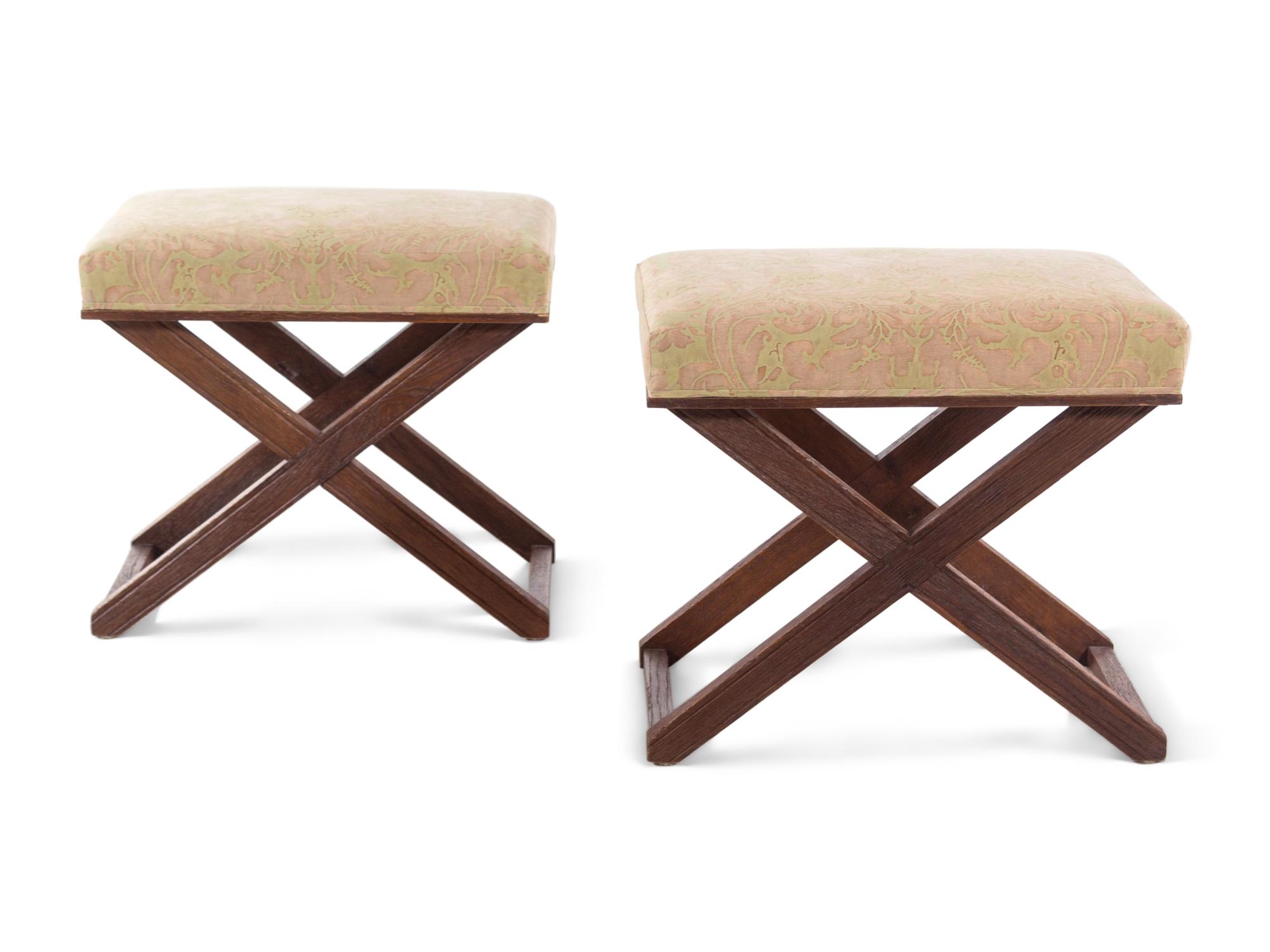 A Pair of X-Form Stools with Fortuny Upholstery in the Style of Jean-Michel Frank
