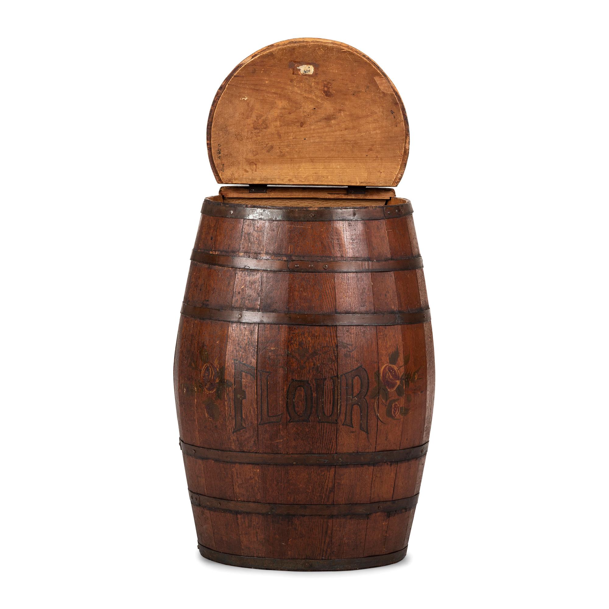 A Large Stenciled and Grain Painted Wood Flour Barrel