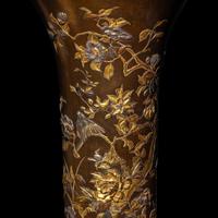 A Pair of Japanese Parcel Gilt and Patinated Bronze Vase, Signed Kyoto Inoue sei , Meiji Period 明治時期 京都井上製花鳥紋銅瓶一對