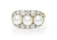 A Platinum, Yellow Gold, Natural Pearl and Diamond Ring, Tiffany & Co., 3.40 dwts.