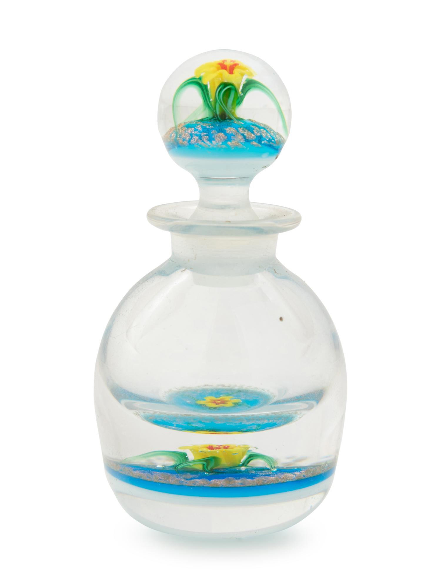 A Charles Kaziun Jr. Yellow Tiger Lily on Blue Aventurine Ground Miniature Glass Perfume Bottle with Stopper