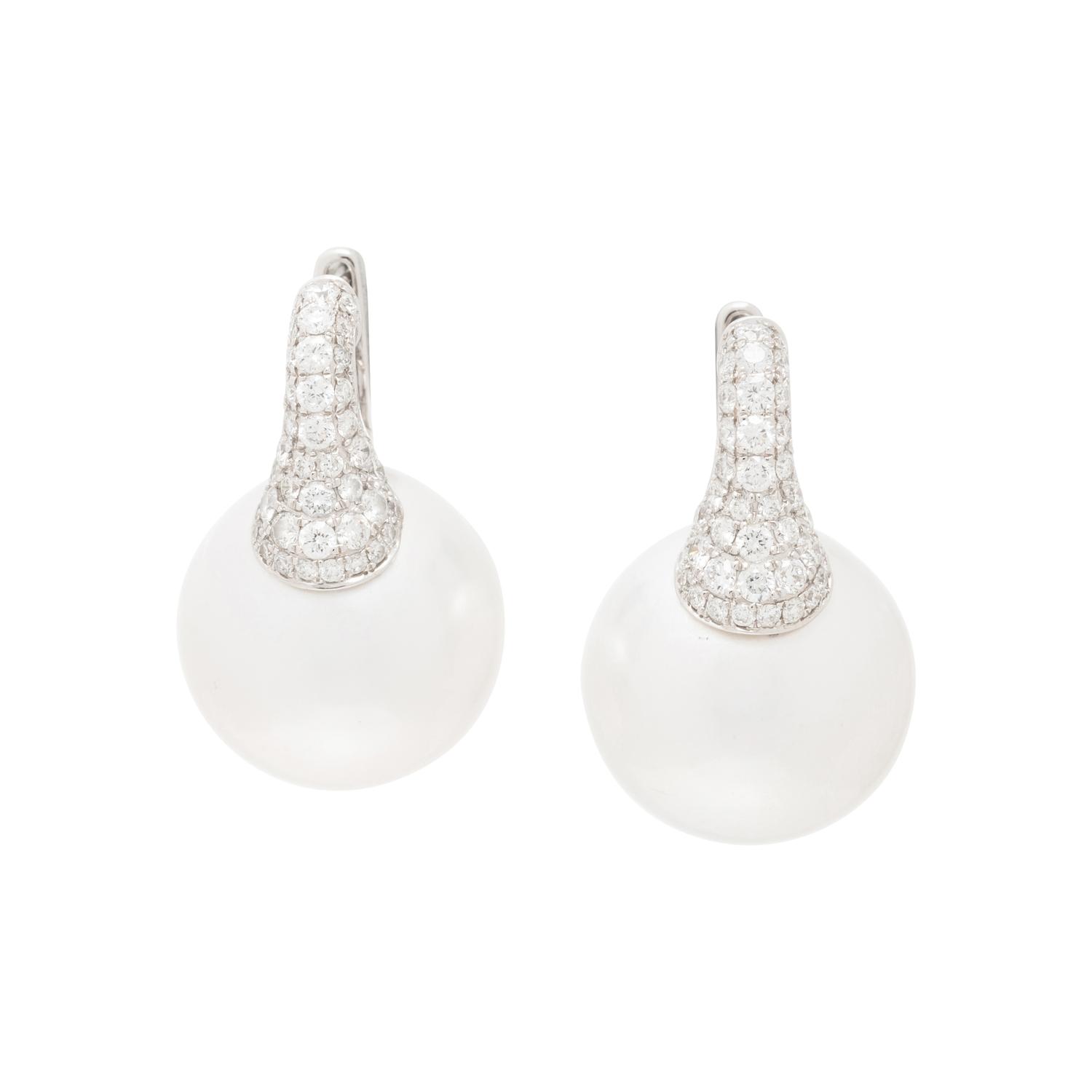 WHITE GOLD, CULTURED SOUTH SEA PEARL AND DIAMOND EARRINGS