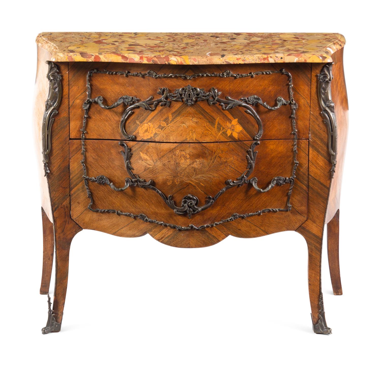 A Louis XV Style Gilt Bronze-Mounted Marquetry Marble-Top Commode