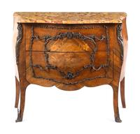 A Louis XV Style Gilt Bronze-Mounted Marquetry Marble-Top Commode