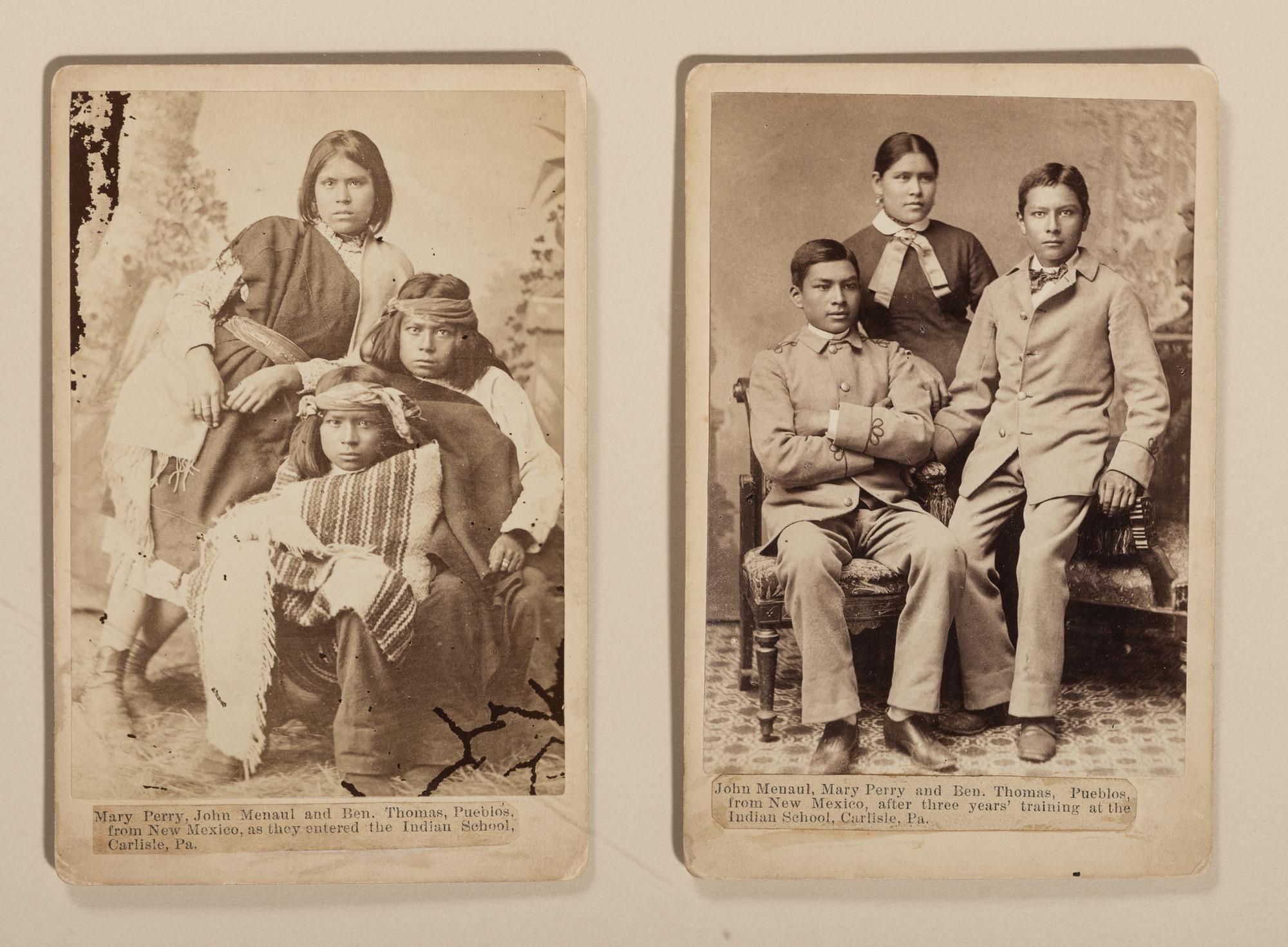[CHOATE, John N. (1848-1902), photographer]. A pair of cabinet cards featuring identified Pueblo students at Carlisle Indian School, before and after. [Carlisle, PA]: ca 1880-83.