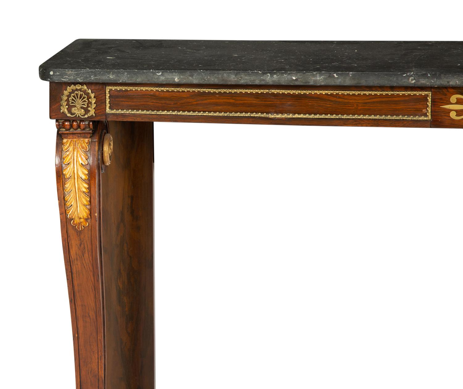 A Regency Style Mahogany and Parcel Gilt Console Table with Black Marble Top