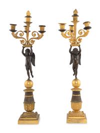 A Pair of Empire Style Gilt and Patinated Bronze Figural Candelabra