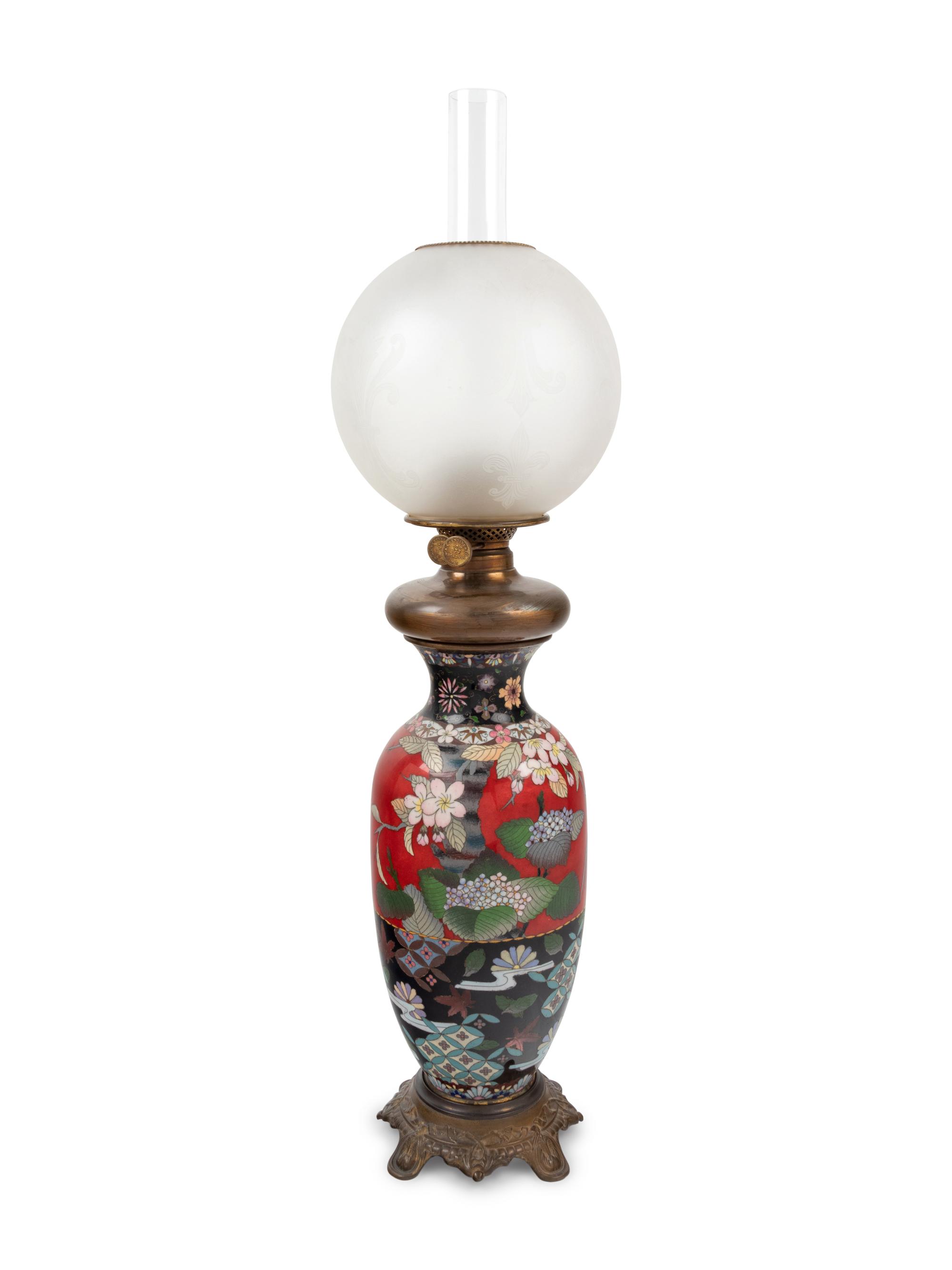 A Japanese Cloisonné Enamel Decorated Oil Lamp