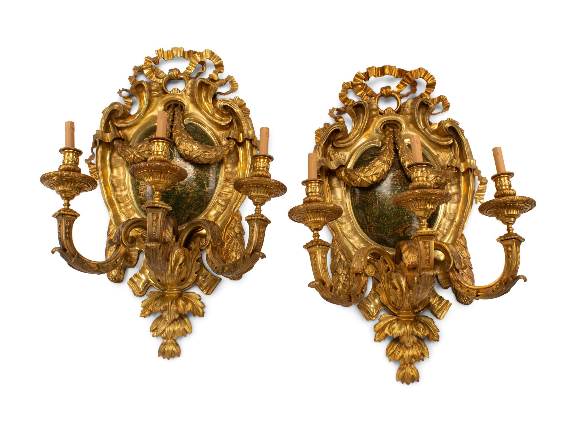 A Pair of Louis XV Style Gilt Bronze Sconces with Chinoiserie Decoration