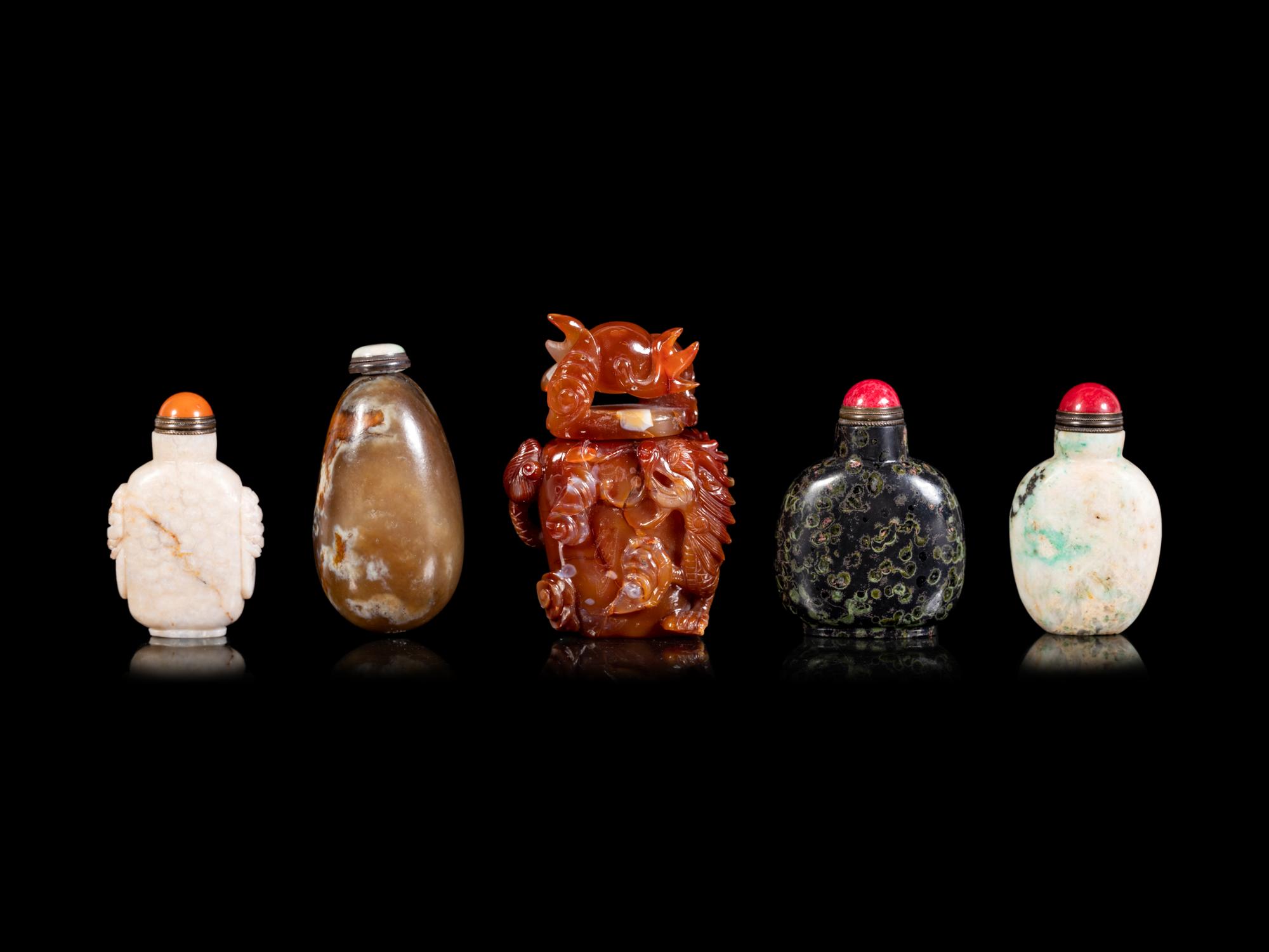 Five Chinese Hardstone Snuff Bottles