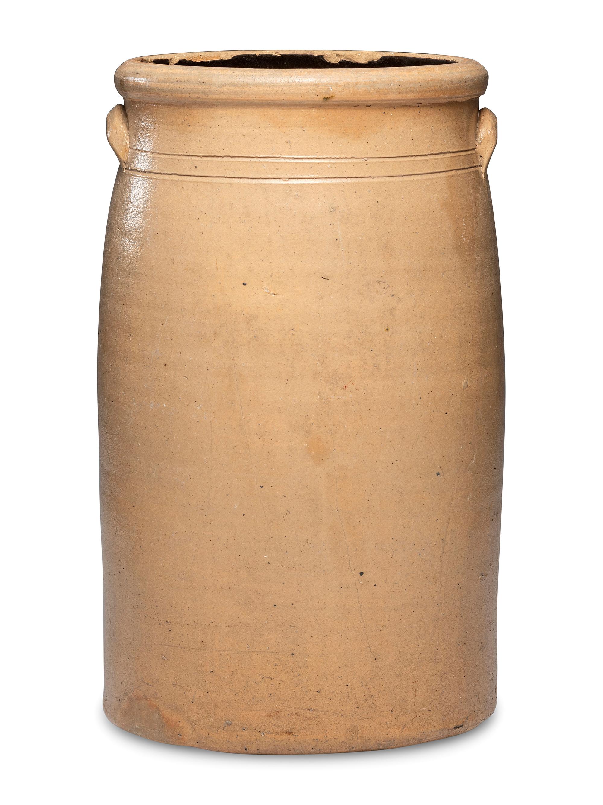 A Colvin, Hall, and Cowan Six-Gallon 'At Station' Script Decorated Stoneware Crock