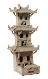 A Green Glazed Pottery Model of a Three-Section Watch Tower — HAN DYNASTY