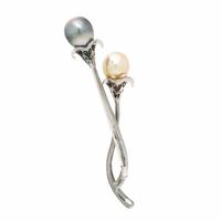 CULTURED PEARL, SAPPHIRE, DIAMOND, AND BLACKENED GOLD FLORAL BROOCH