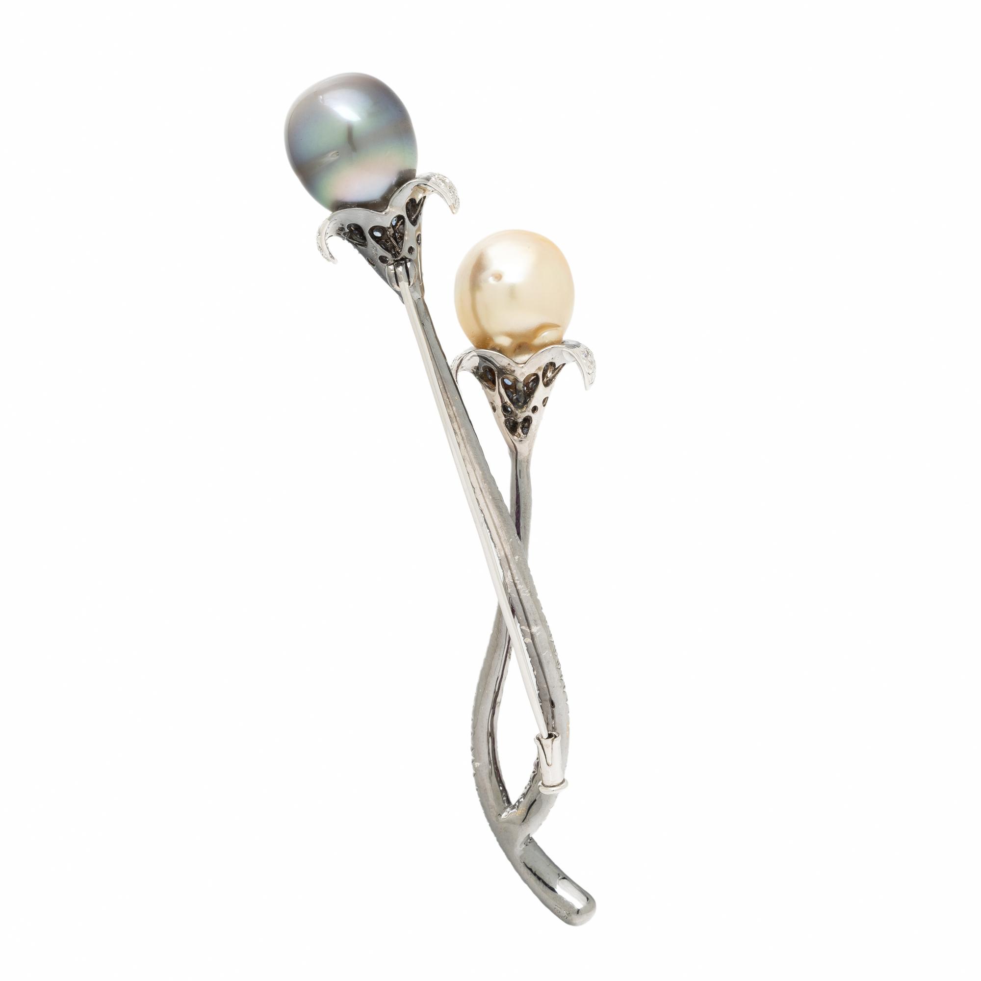 CULTURED PEARL, SAPPHIRE, DIAMOND, AND BLACKENED GOLD FLORAL BROOCH