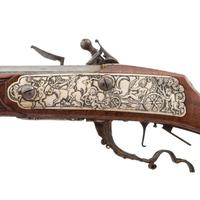 Contemporary Cheekstock Flintlock Rifle with Diana Motifs by John B. Derrick (American, b.1936)