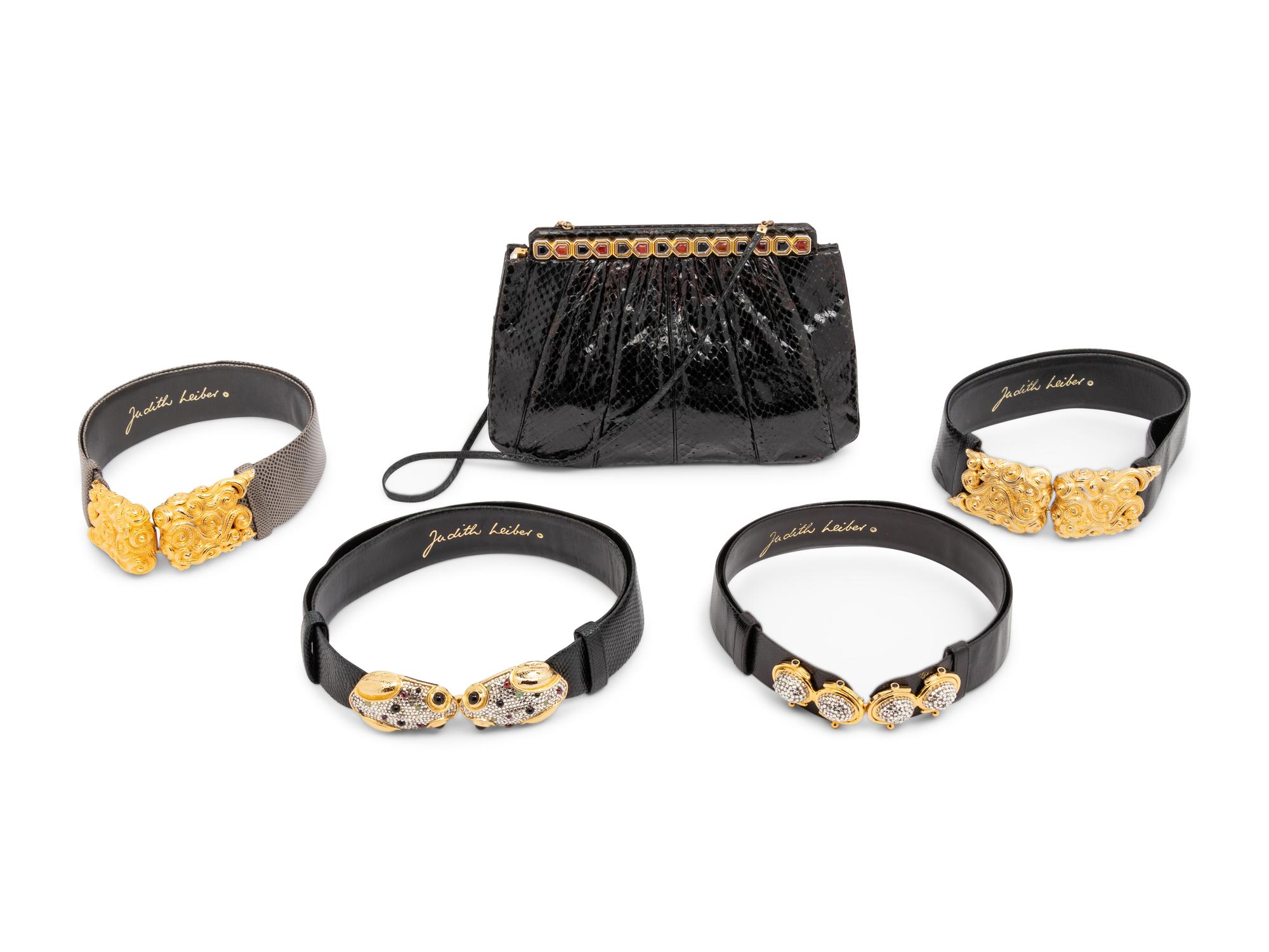 Judith Leiber Snakeskin Clutch and Four Snakeskin Belts, 1980-90s