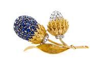 A Platinum, Yellow Gold, Synthetic Sapphire and Diamond Brooch, Erwin Pearl, 13.20 dwts.