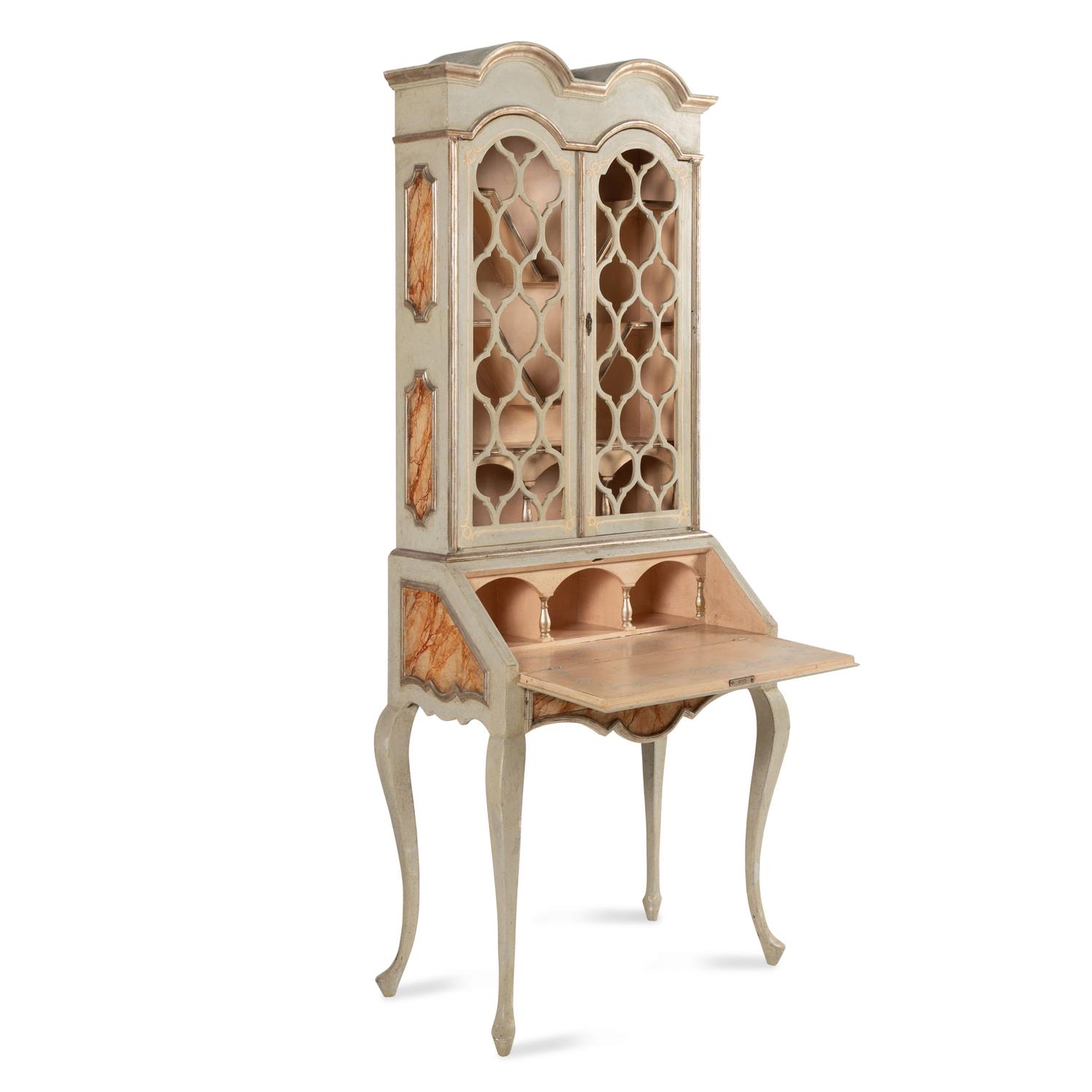 A Venetian Style Faux Marble Painted and Parcel Gilt Bureau Bookcase