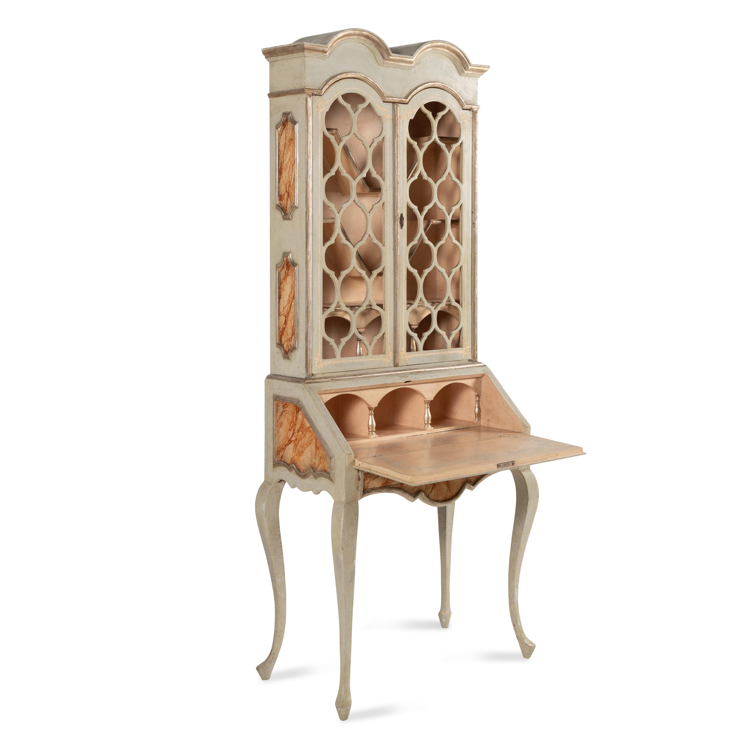 A Venetian Style Faux Marble Painted and Parcel Gilt Bureau Bookcase