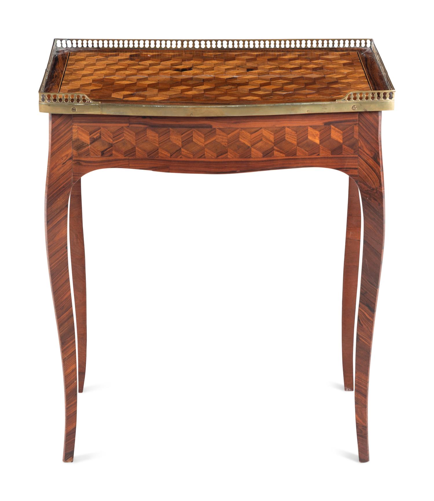 A Louis XV/XVI Transitional Style Brass Mounted Parquetry Side Table