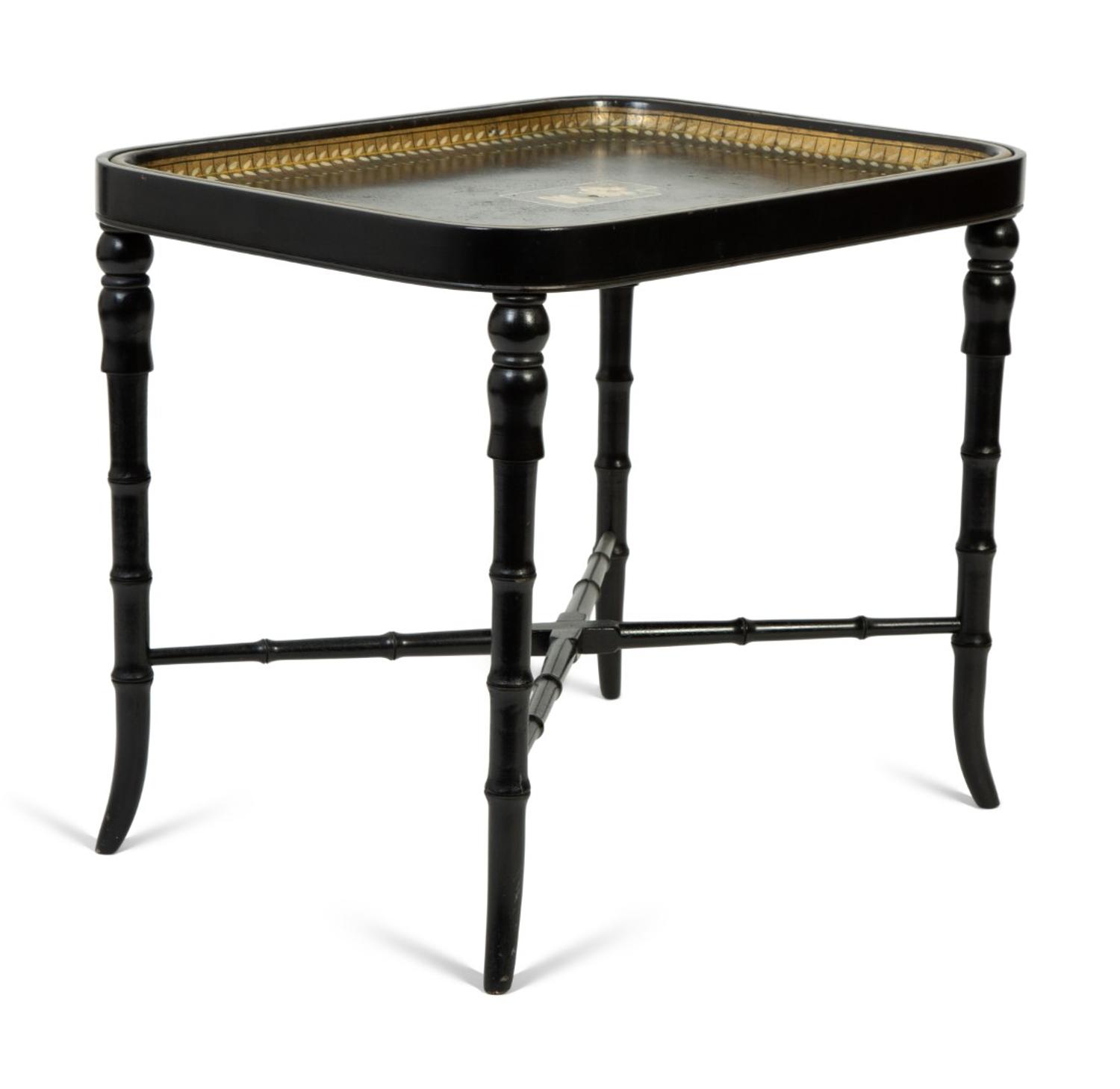 An English Painted Wood Tray Table on Faux Bamboo Stand — 20TH CENTURY