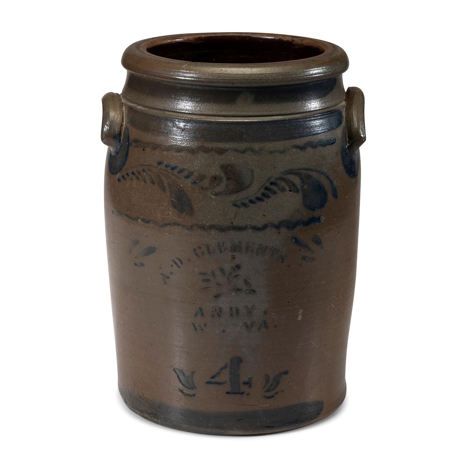 A Four-Gallon A.D. Clements Andy, West Virginia Cobalt and Stencil Decorated Stoneware Crock