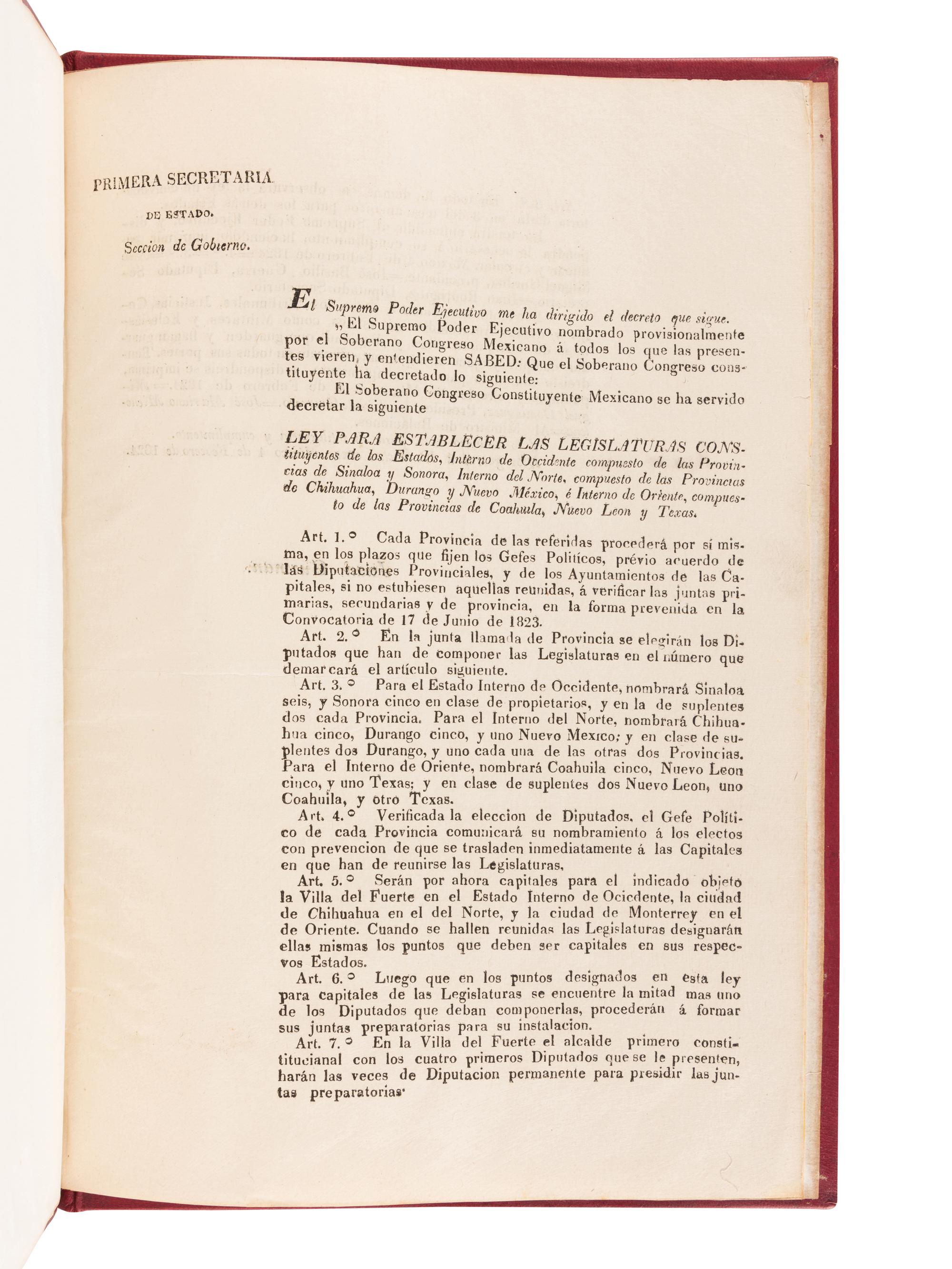 [MEXICO LAW]. Primera Secretaria de Estado. Seccion de Gobierno. El Supremo Poder Ejecutivo me ha dirigido el decreto de sique . [Mexico, 1824].
