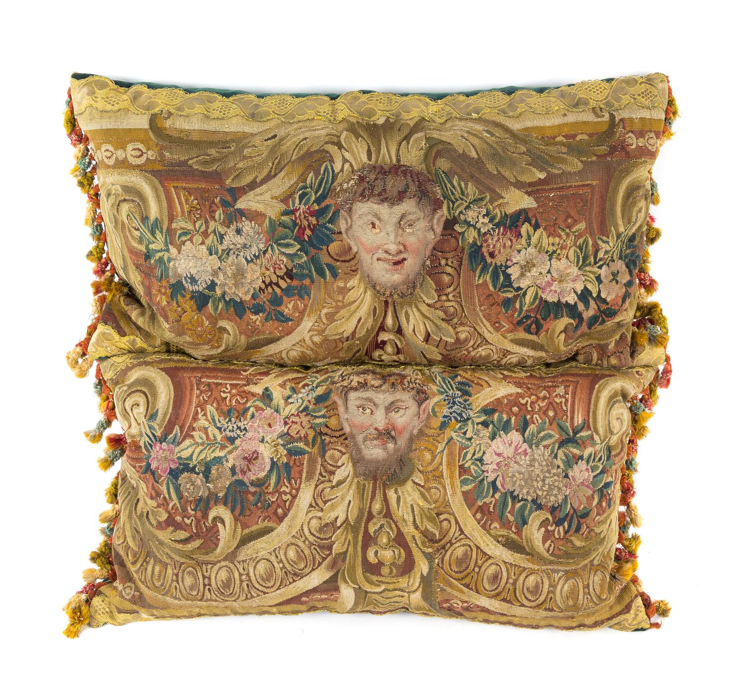 A Pair of Needlepoint and Velvet Pillows Each 23 x 12 inches.