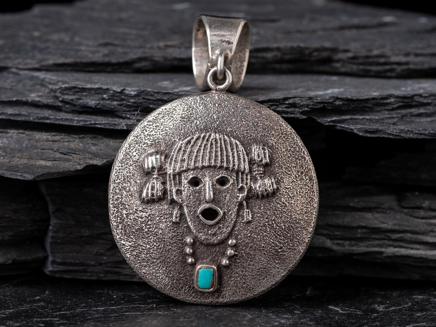 Double Sided Tufa Cast Silver and Turquoise Pendant